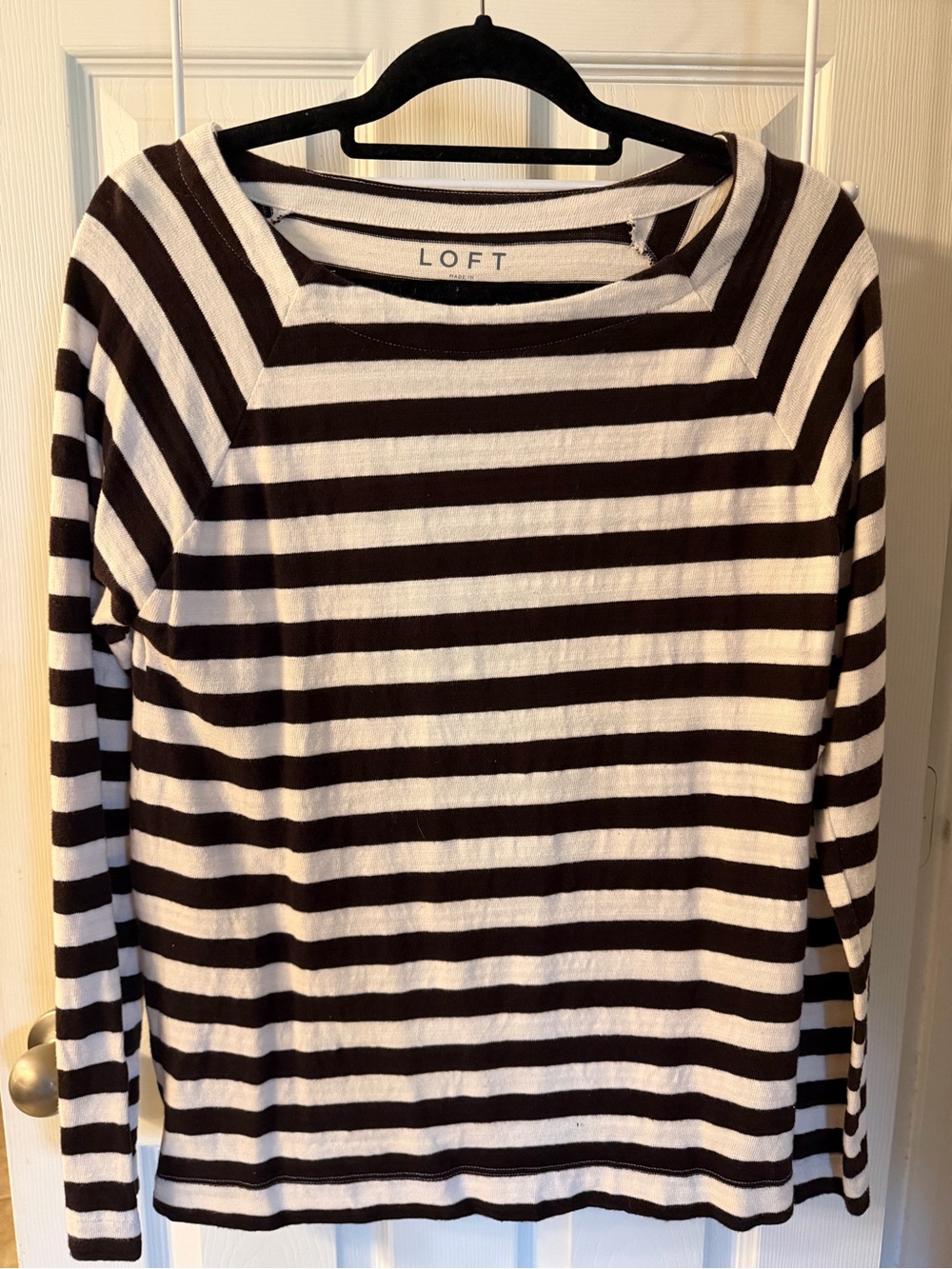LOFT Brown and Cream Striped Boatneck Top